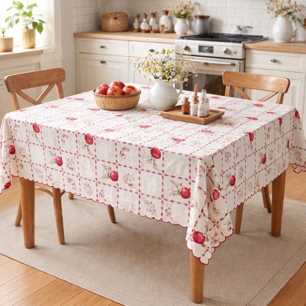 Vintage Red White Apple Fruit Rectangle Scalloped Hem Table Cloth